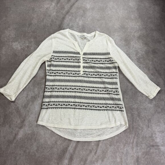 White & Black Tribal Print 100% Linen Long Sleeve Henley Blouse - Picture 1 of 10